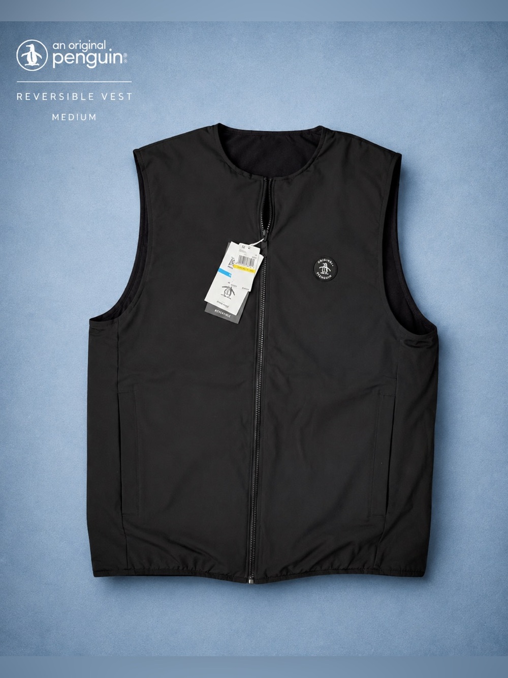 Original Penguin Black REVERSIBLE Fleece Vest Large NWT Full Zip Caviar